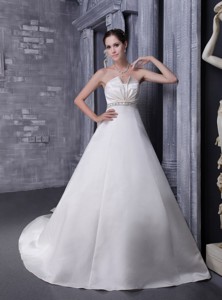 White Princess Strapless Chapel Train Taffeta And Organza Beading Wedding Dress