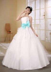 Aqua Blue Bow Sash Decorate On Waist Custom Made Strapless Neckline Ball Gown Organza Wedding Dress 