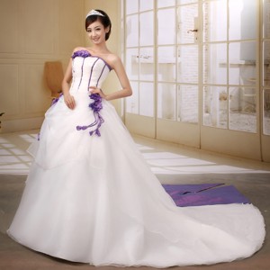 Purple Bow and Flowers Decorate Court Train Wedding Dress In Bad Kreuznach Germany 