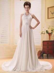 Beaded Decorate V-neck Empire Chiffon Court Train Buttons Stylish Wedding Dress 