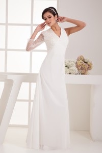 V-neck Floor-length Chiffon Bridal Dress With Beaded One Long Sleeve