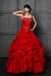 Pretty Princess Taffeta Red Wedding Dress With Beading And Pick Ups