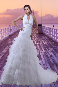 Mermaid Halter Beading And Ruffled Layers Court Train Wedding Dress