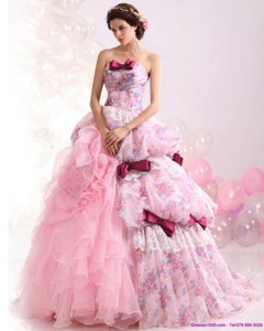Multi Color Ball Gown Ruffles Wedding Dress With Lace And Bownot