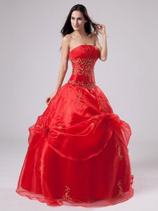 Red Quinceanera Dress With Embroidery And Pick-ups Organza For Custom Made