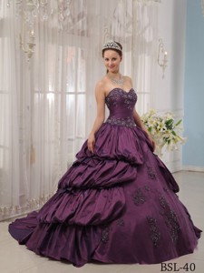 Purple Ball Gown Sweetheart Court Train Taffeta Appliques Quinceanera Dress