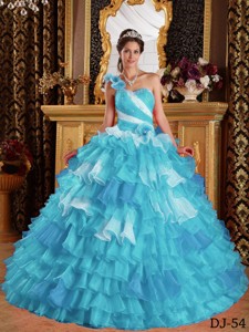 Aqua Blue Ball Gown One Shoulder Floor-length Organza Ruffles and Beading Quinceanera Dress