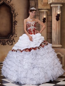 White Ball Gown Sweetheart Floor-length Organza and Leopard Ruffles Quinceanera Dress