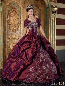 Burgundy Ball Gown Strapless Floor-length Taffeta Embroidery Quinceanera Dress