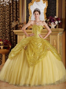 Gold Ball Gown Sweetheart Floor-length Sequined and Tulle Handle Flowers Quinceanera Dress