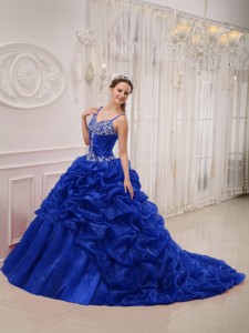 Royal Blue Ball Gown Spaghetti Straps Court Train Organza Beading Quinceanera Dress