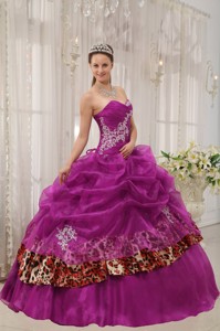 Fuchsia Ball Gown Sweetheart Floor-length Organza and Zebra or Leopard Appliques Quinceanera Dress