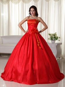 Red Ball Gown Strapless Floor-length Taffeta Ruched Quinceanera Dress