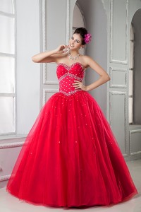 Red Ball Gown Sweetheart Floor-length Tulle Beading Quinceanera Dresss