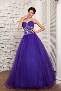 Purple Sweetheart Floor-length Tulle Beading Prom Evening Dress