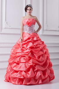 Watermelon Ball Gown Strapless Beading Quinceanera Dress With Side Zipper