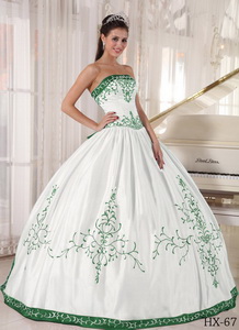 White and Green Strapless Floor-length Embroidery Quinceanera Dress