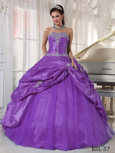 Purple Ball Gown Strapless Floor-length Taffeta and Tulle Appliques Quinceanera Dress