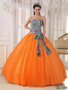 Orange Ball Gown Strapless Floor-length Tulle and Printing Sequins Quinceanera Dress