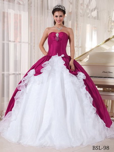 Ball Gown Sweetheart Beading Quinceanera Dress in Fuchsia and White