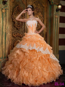 Orange Ball Gown Strapless Floor-length Ruffles Organza Quinceanera Dress