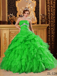 Green Ball Gown Floor-length Organza Beading And Ruffles Quinceanera Dress