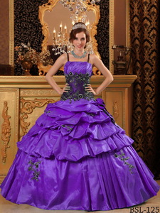 Purple Ball Gown Straps Floor-length Taffeta Appliques Quinceanera Dress