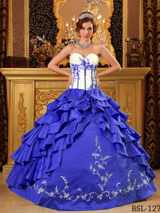 Sweetheart Ruffles And Embroidery Quinceanera Dress in Royal Blue and White