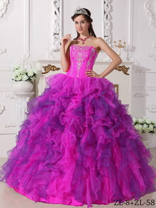 Fuchsia Ball Gown Sweetheart Floor-length Satin and Organza Embroidery Quinceanera Dress