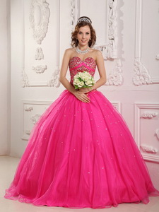 Hot Pink Princess Sweetheart Floor-length Satin And Organza Beading Quinceanera Dress