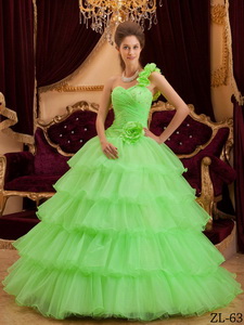 Green Princess One Shoulder Floor-length Ruffles Quinceanera Dress