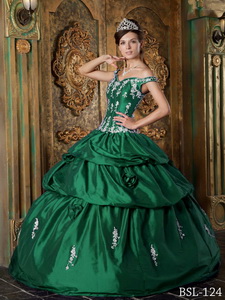 Green Ball Gown Off The Shoulder Floor-length Taffeta Appliques Quinceanera Dress
