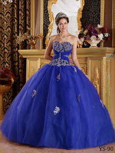 Blue Ball Gown Sweetheart Floor-length Appliques Tulle Quinceanera Dress