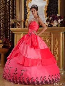 Coral Red Ball Gown Sweetheart Floor-length Taffeta Appliques Quinceanera Dress
