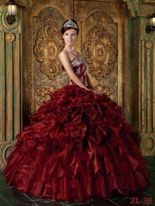 Wine Red Ball Gown Strapless Floor-length Organza Ruffles Quinceanera Dress