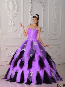 Lilac And Black Princess Strapless Floor-length Organza Appliques Quinceanera Dress