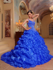 Blue Ball Gown Spaghetti Straps Floor-length Organza Embroidery Quinceanera Dress