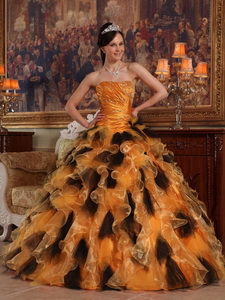 Orange and Black Ball Gown Strapless Floor-length Organza Quinceanera Dress
