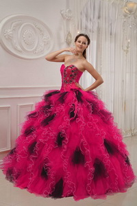 Red and Black Ball Gown Sweetheart Floor-length Orangza Beading and Ruch Quinceanera Dress