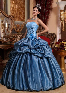 Aqua Blue Ball Gown Strapless Floor-length Taffeta Hand Made Flower Quinceanera Dress