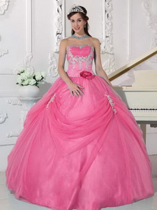 Pink Ball Gown Strapless Floor-length Taffeta and Organza Appliques and Hand Made Flower Quinceanera