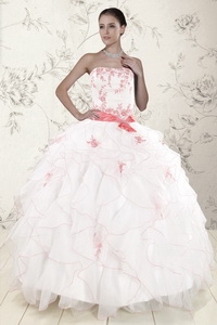 Most Popular White Quinceanera Dress With Pink Appliques And Ruffles