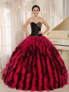 Beaded and Ruffled Sweetheart For Black and Hot Pink Quinceanera Dress In Kihei City Hawaii