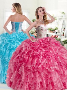 Modest Beaded and Ruffled Organza Quinceanera Dress in Hot Pink