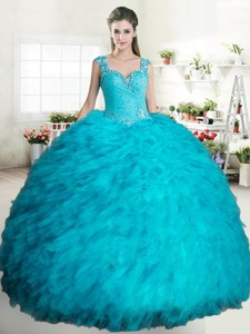 Cheap Beaded and Ruffled Turquoise Quinceanera Dress in Tulle