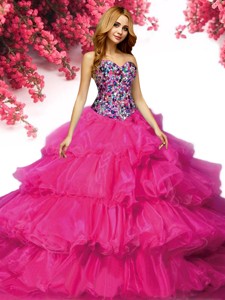 Modest Fuchsia Organza Quinceanera Dress with Ruffled Layers and Beading