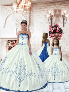 Unique White Princesita Dress With Royal Blue Embroidery