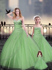 Ball Gown Macthing Sister Dress In Spring Green With Beading And Appliques