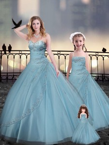 Custom Fit Light Blue Macthing Sister Dress With Beading And Appliques