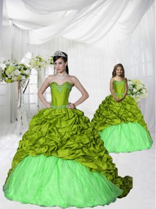 Most Popular Brush Train Olive Green Princesita Dress with Appliques and Pick-ups 